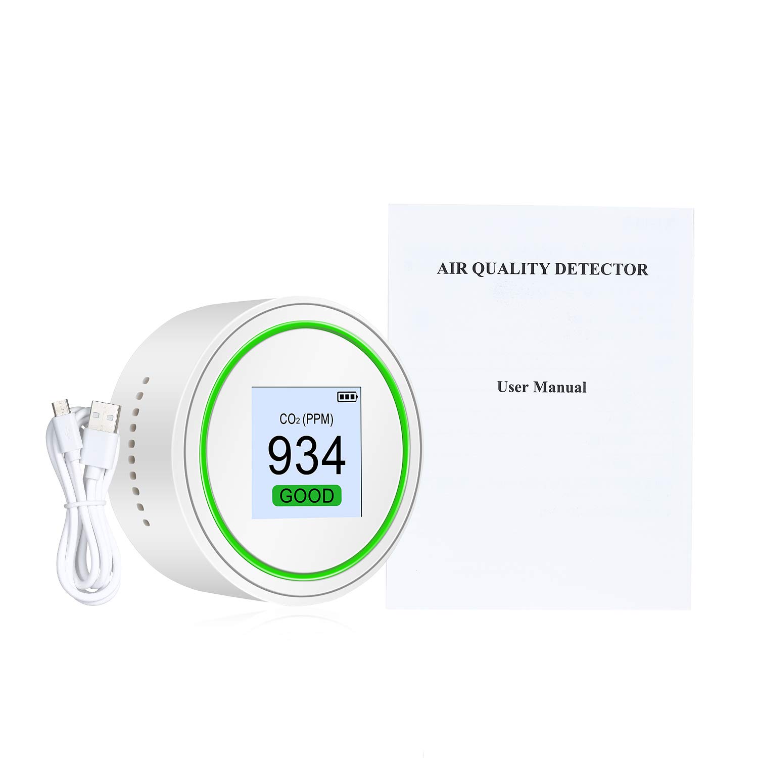 BAtlam Probador y CO2 Detector de Calidad del Aire Tamaño de la Palma de la Mano Probador de Calidad del Aire Monitor de Calidad del Aire de Alta precisión para CO2 y con recordatorio de luz y Sonido
