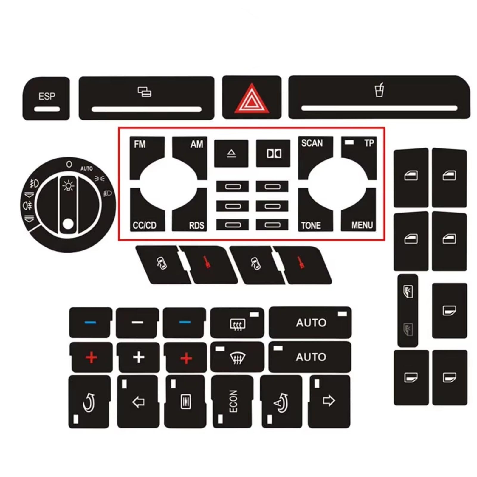 Modification Interior Compatible with A4 for B6 B7 Car Front Radio Button Decal Sticker Power Window Switch Button Repair Kit Alarm Climate Sticker Accessories