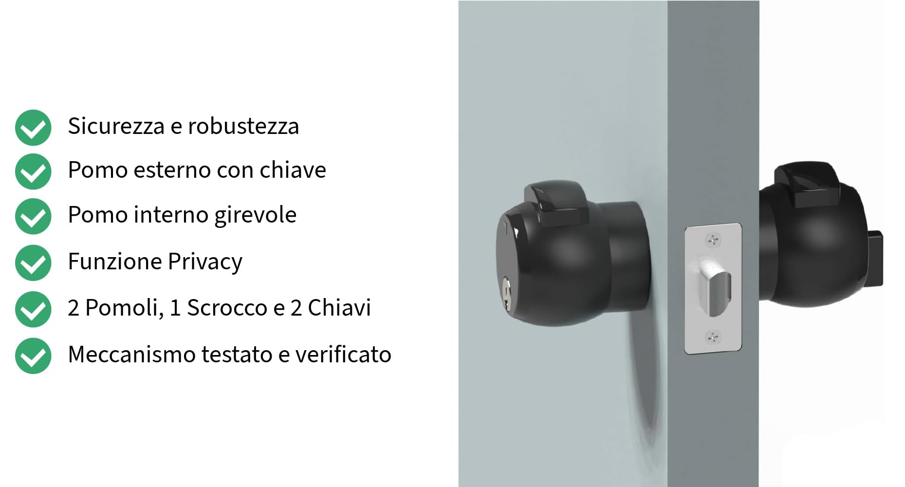 SERRATURA POMOLO PER PORTE | COPPIA POMOLI PREMI APRI | FUNZIONE PRIVACY | USO PER PORTE DI UFFICI IN METALLO, LEGNO E VETRO CON DUE CHIAVI (Nero)