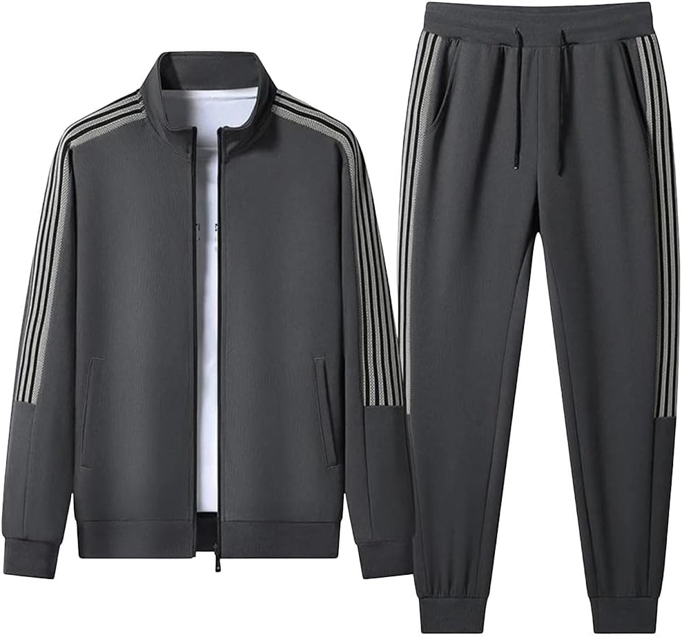 Men's Spring 2 Piece Tracksuit Set Long Sleeve Striped Zipper Cardigan Casual Sportswear for Jogging Training