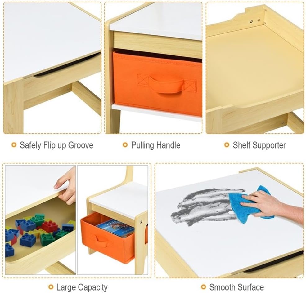 Pemberly Row Kids Table and Chair Set, Natural Finish, MDF Construction, Blackboard and Whiteboard Desktop, Hidden Storage Compartments, Ergonomic Design, Creative and Study Use for Kids Ages 3+