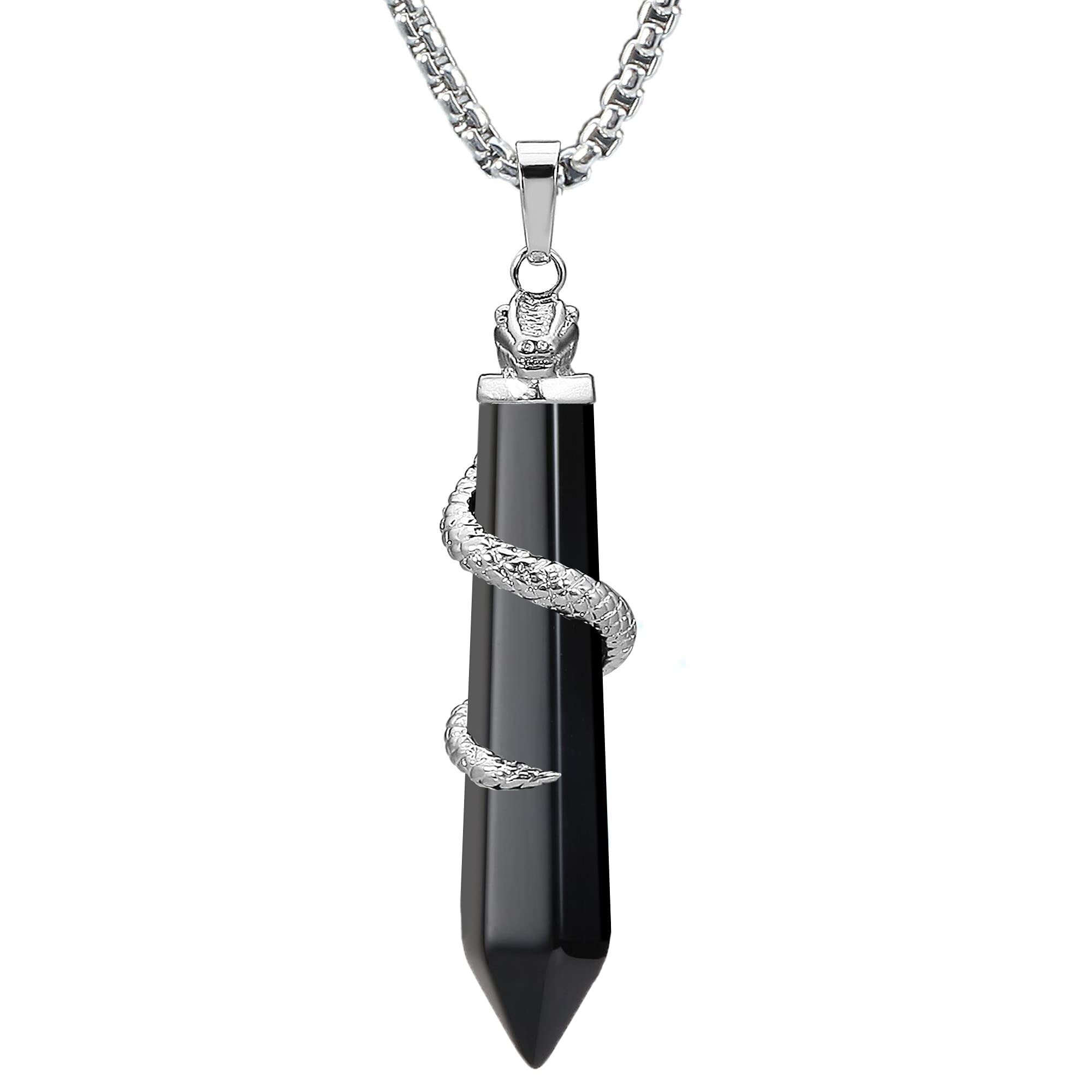 Women and Men Stainless Steel Healing Crystal Necklace(Hexagonal, 18in Chain), Obsidian