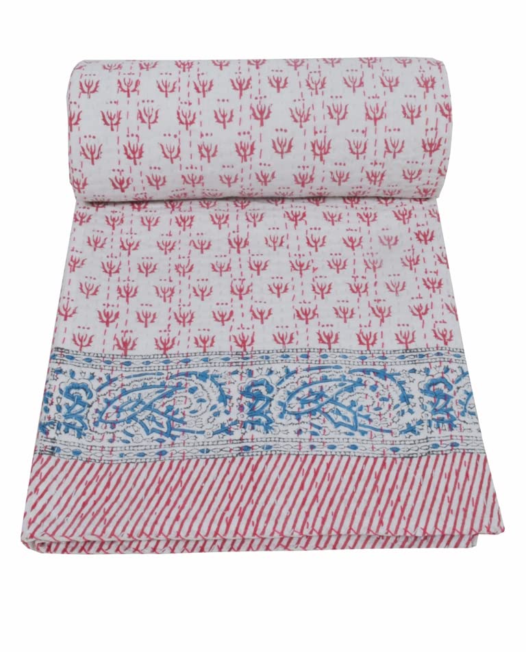 V Vedant Designs Indian Cotton Block Print Kantha Quilt Twin Size/Queen Size Kantha Quilt Twin Coverlet Quilt Throw Bohemain Bedspread Blanket (Pink, Queen (U.S. Standard))