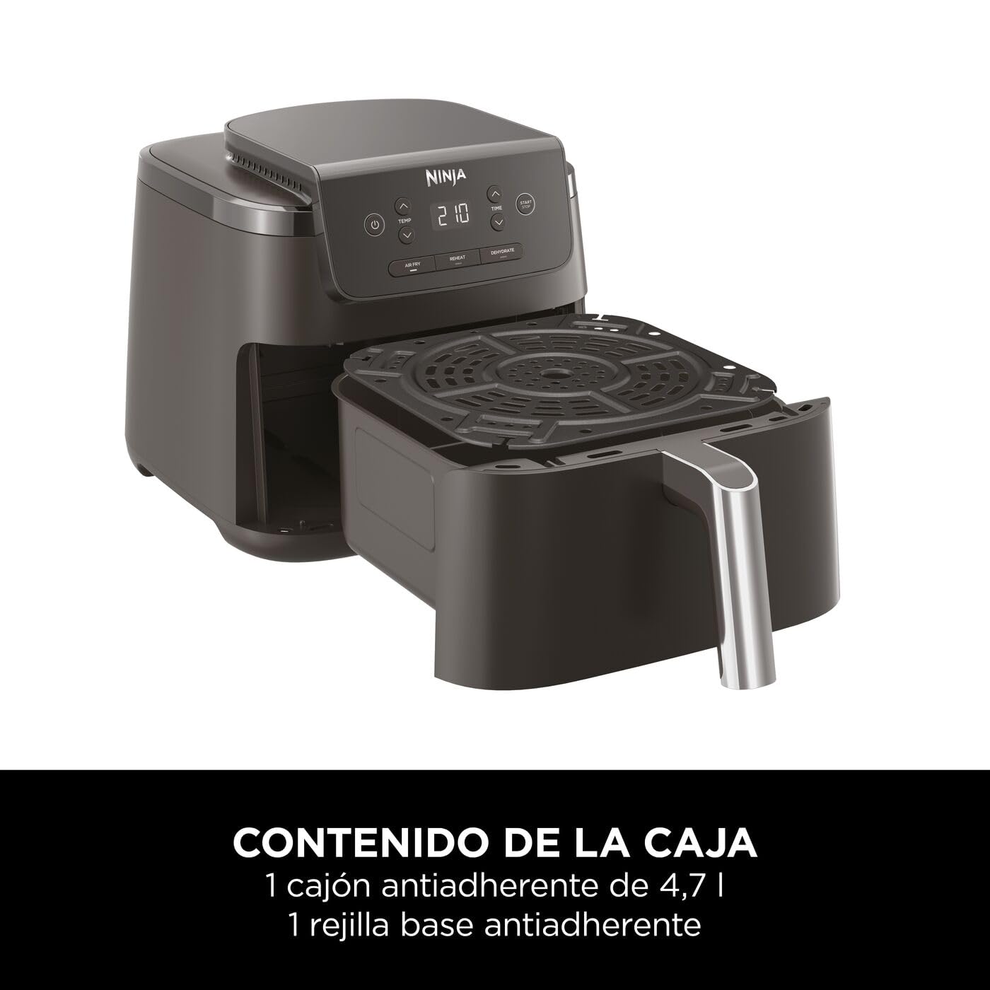 Ninja freidora de aire de 4,7 l, monocajón, 3 en 1, fríe con aire, recalienta, deshidrata, 1-2 personas, digital, cocina sin descongelar, cajón y rejilla antiadherentes, 2000W, negra AF110EU