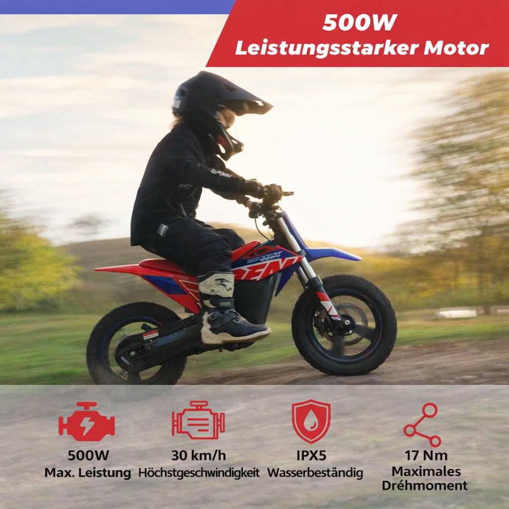 RFN E350 36V Kinder Elektro Dirt Bike, Elektro Motorrad mit 350W Motor | 11,2 Meilen Reichweite & 3 Geschwindigkeiten für Alter 4-8 Jahre
