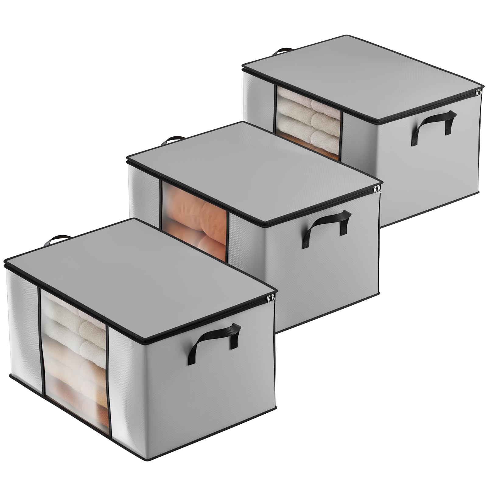 Oak & Tea Storage Bags 90L 3-Pack, Moving Bags & Wardrobe Organiser with Lid & Zips, PE Coated Woven Fabric - Waterproof Storage Box with Clear Window for Clothes, Blankets, Bedding 60x43x35cm