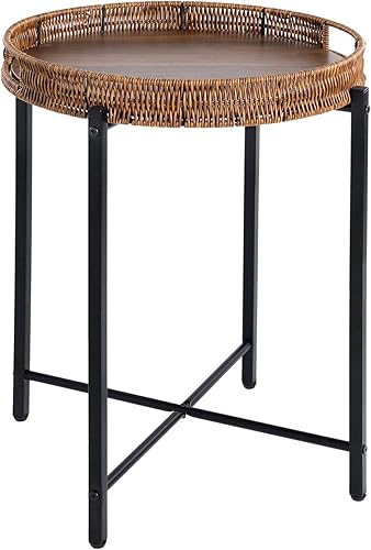 Mesa auxiliar redonda de ratán de 16.5 pulgadas con parte superior de madera, mesa auxiliar de mimbre pequeña, uso en interiores y exteriores