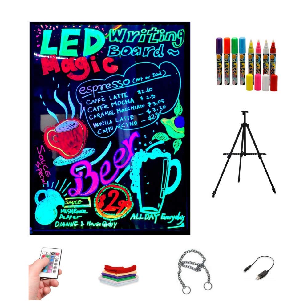 Ardoise LED lumineuse 60 x 80 cm, RGB, acrylique + trépied + pack de 8 feutres, livraison 1 à 3 jours
