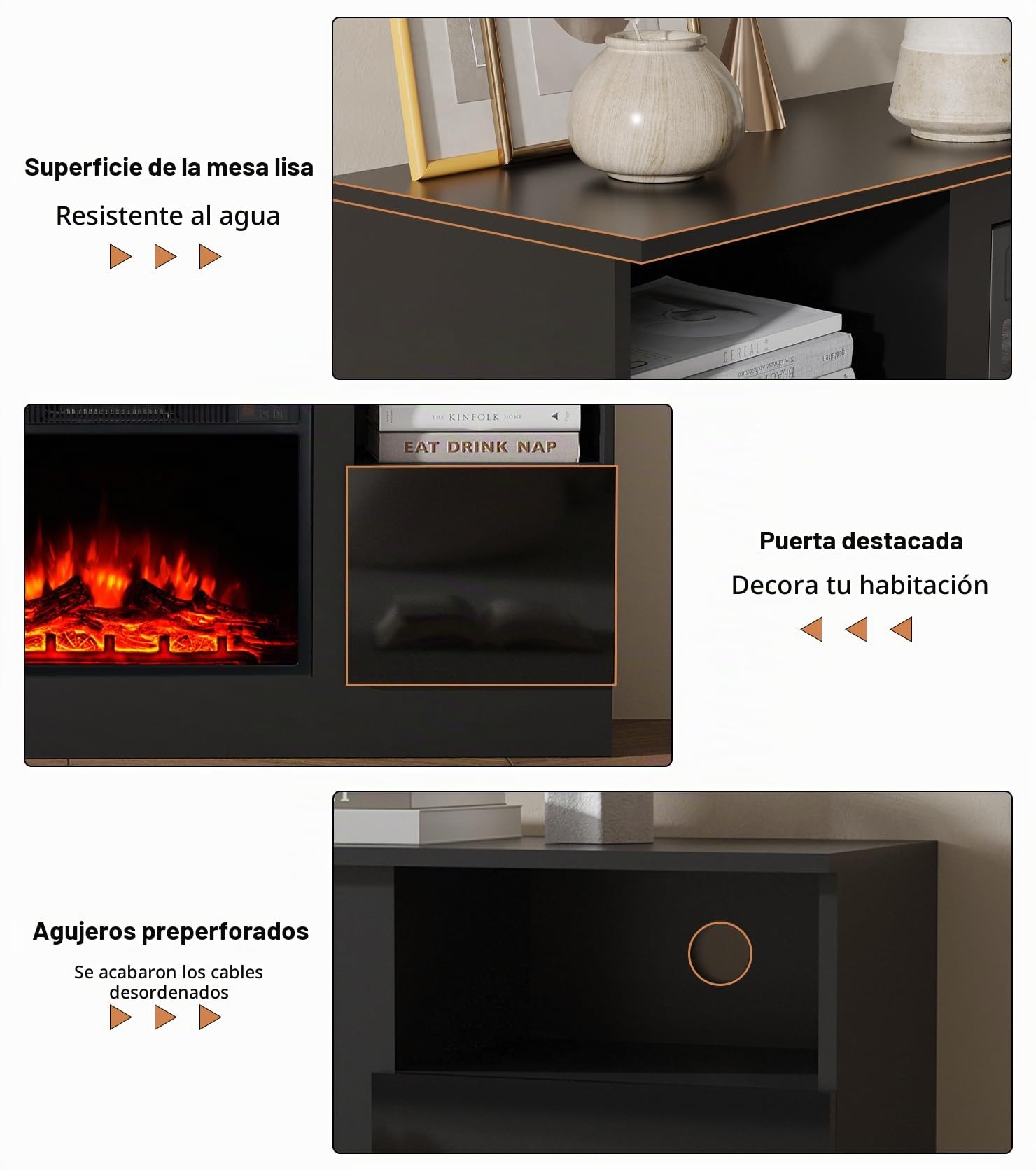 M.C.Haus Chimenea Eléctrica con Soporte de TV, para TV de hasta 143.9cm*80cm,Entretenimiento en Textura de Madera con Luz LED, Mueble de Realce y Frente de Cristal, 147.3cm,Negro