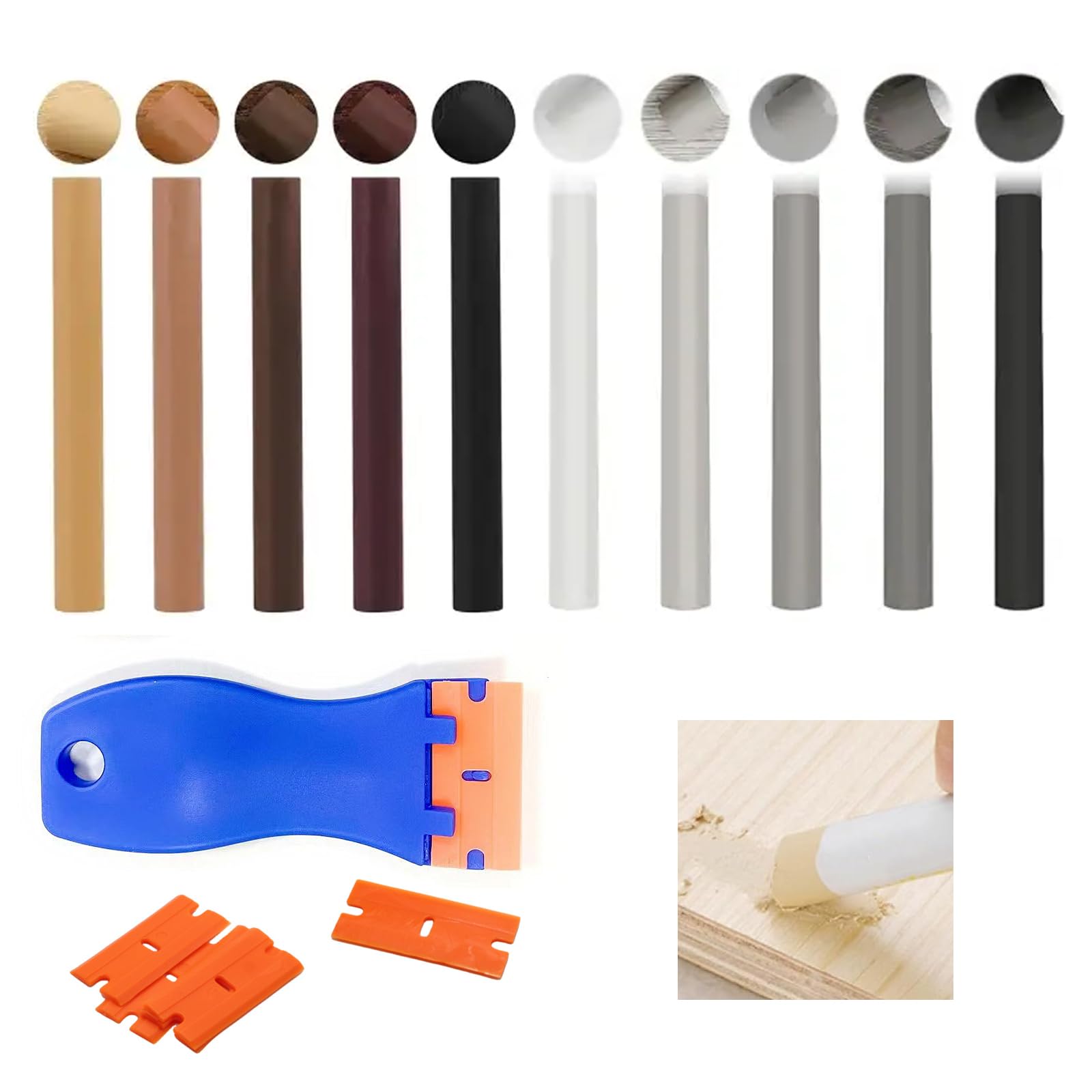 10 Pcs Wax Filler Sticks with Scraper for Wood Repair Furniture Repair Kit Wood Filler Sticks Wood Scratch Repair Laminate Floor Repair Kit for Wood Furniture Table Door Guitar Scratches Holes