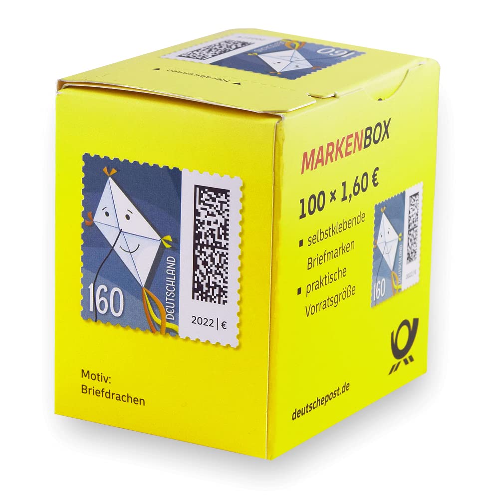 100 Stück 1,60 EUR 1,6 EUR 160 Cent postfrische Selbstklebende Briefmarken in Briefmarken-Box 100-er Rolle | Frankaturware Markenset (Motiv: Briefdrache)