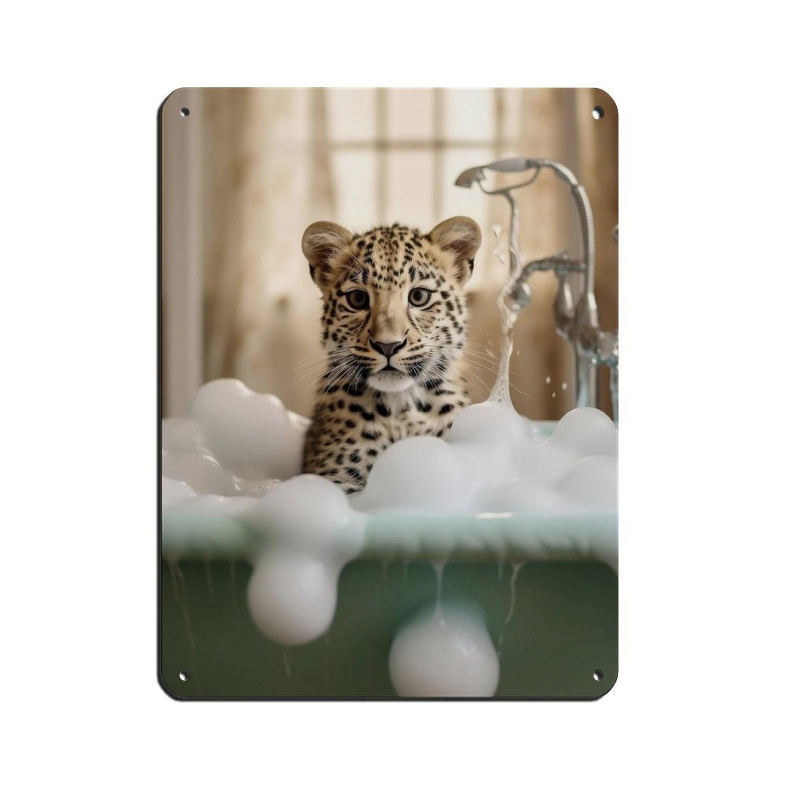 Adorable Baby Leopard in Tub Poster Tin Sign Vintage Metal Pub Club Cafe Bar Home Wall Art Decoration Poster Retro 12x16inch(30x40cm)