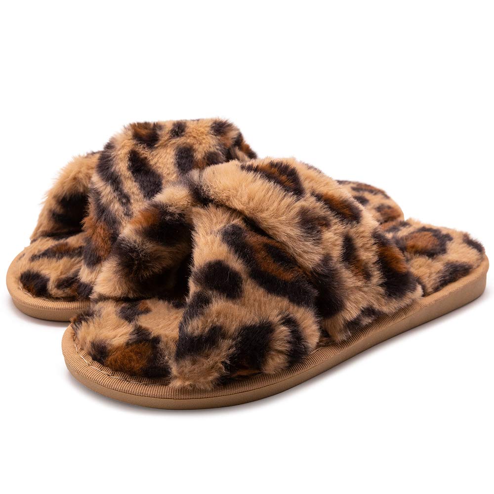 Photo 1 of eccbox Women's Fluffy Furry Fuzzy Slippers Cross Band Soft Plush  Brown Leopard (UNKNOWN SIZE)