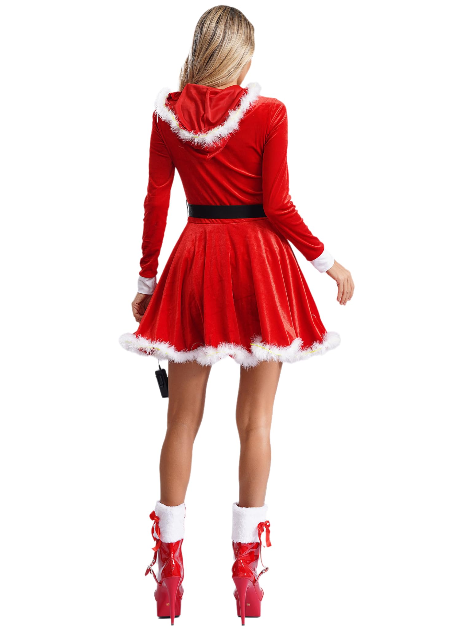 Donna Vestito di Natale con Cappuccio tutù Maniche Lunghe Davanti Incrociato Bordi in Peluche E Cintura Festa Rosso M