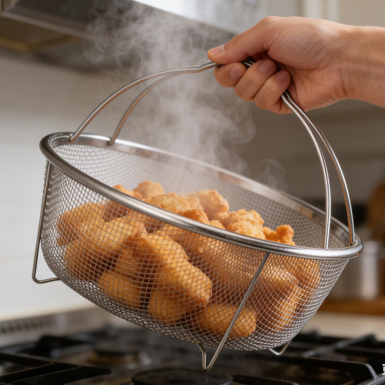 GANAZONO Cesta redonda para freír, cesta de drenaje de alambre de acero inoxidable, bandeja de drenaje de alimentos, colador de lavado de verduras, colador de frutas de metal, cesta de drenaje de