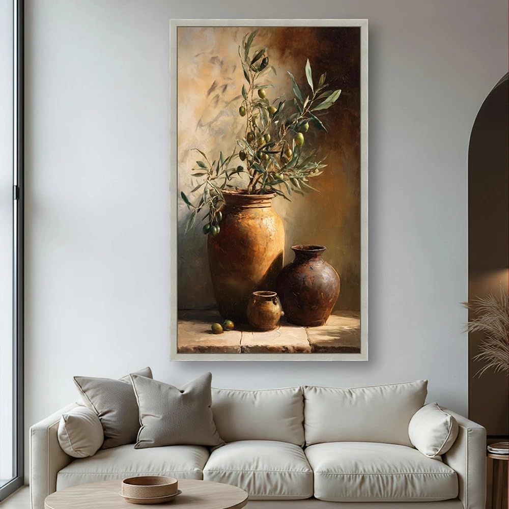 Ltjiajuypd Frameless Canvas Prints Rustic Olive Branch Still Life Wall Art, Terracotta Vase Home Living Room Decor(30X60cm)