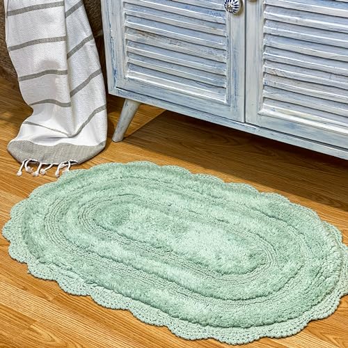 Chardin home Light Green Crochet Bathrug, 100% Cotton Oval bathmat with artisanally Handcrafted Crochet Border, 21x34 Inch, Medium Rug, Perfect for Half Baths, Powder Rooms, bathrooms