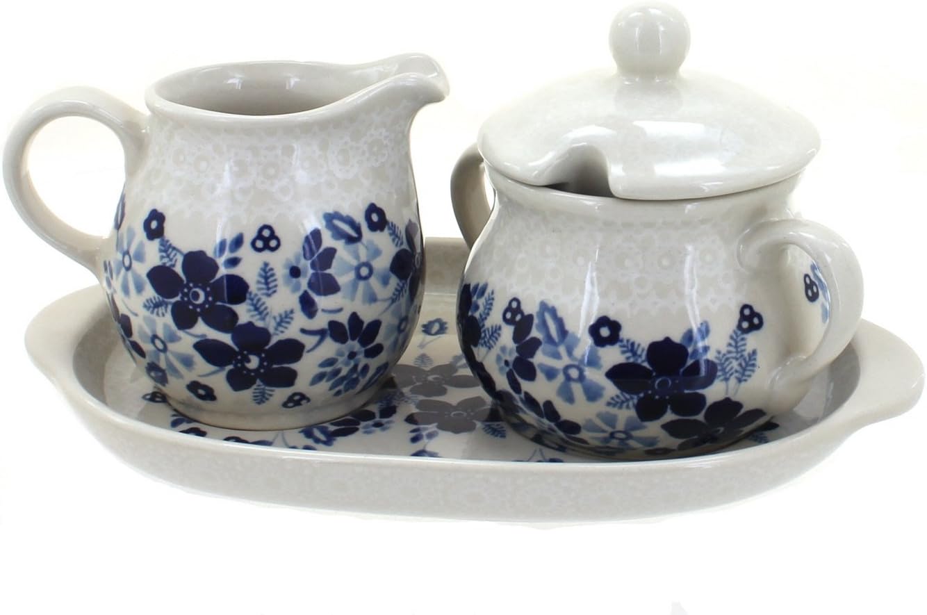 Blue Rose Polish Pottery - Yellow Blue Butterfly Sugar & Creamer Set - 6 oz Creamer - Hand-Painted Polish Pottery Ceramic Creamer & Sugar Bowl with Lid