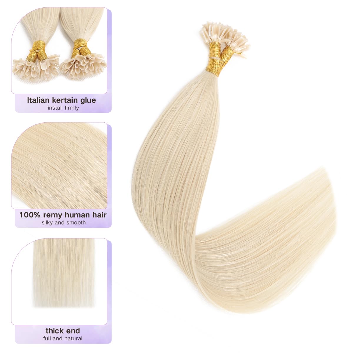 Sindra Blonde U Tip Hair Extensions Platinum Blonde 16 Inch 40g Straight Pre Bonded Fusion Extensions Real Human Hair 50 Strands #60 16inch - Image 2