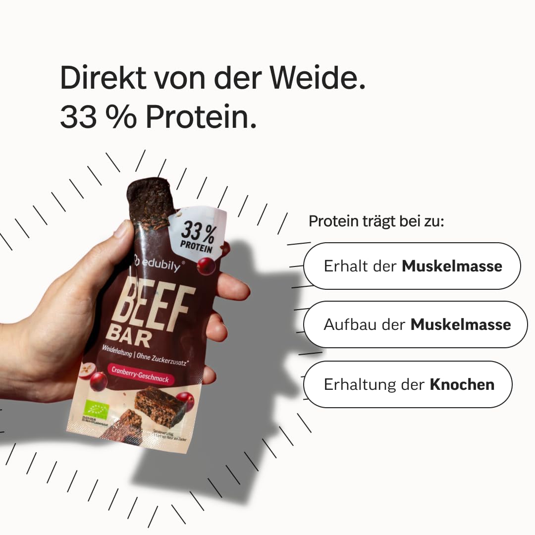 edubily® Beef Bar Cranberry - Protein Riegel als herzhafter Snack für unterwegs - mit 32% Protein aus Bio-Rindfleisch, Cranberries & Rote Bete - low carb (12x35 g, glutenfrei, Bio)