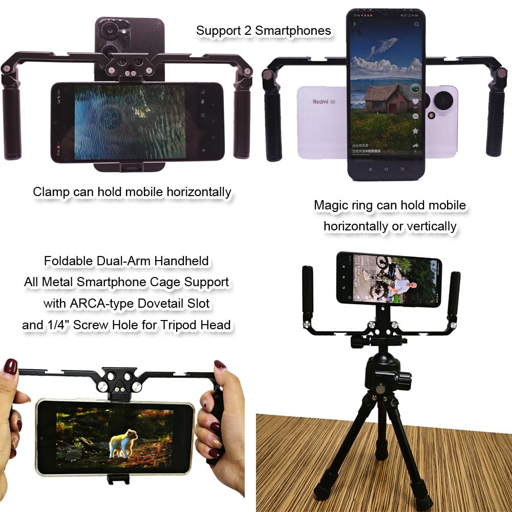 Supporto doppio stabilizzatore in metallo per smartphone, gabbia universale per fotografia per treppiede, morsetto e anello magnetico, supporto per 2 cellulari riprese video verticali e orizzontali