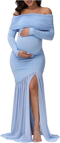 MakeMeChic Women's Off Shoulder Maternity Dress Long Sleeve Elegant Slim Gowns P