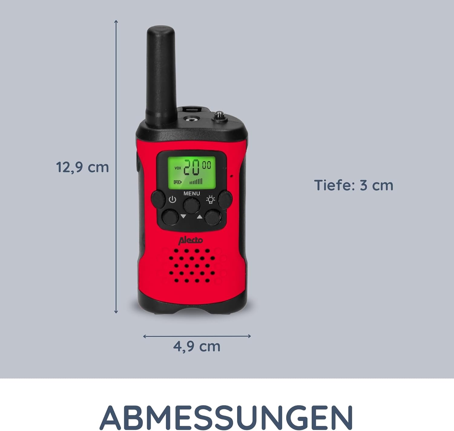 Diagram showing the dimensions of the Alecto FR-115RD walkie-talkie: 12.9 cm height, 4.9 cm width, and 3 cm depth.