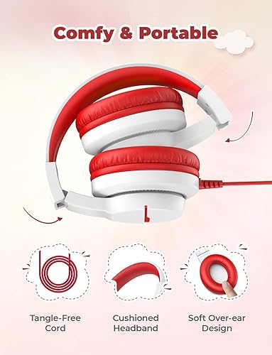 Vista 64 de iClever HS19S - Auriculares para niños, limitador de volumen seguro de 85dBA, auriculares estéreo para niños y niñas, auriculares plegables