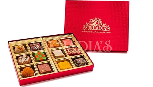 Sukhadia Sweets Dulces surtidos Caja de regalo roja 12 piezas de dulces premium Regalo de Mithai indio Recién hecho en Estados Unidos