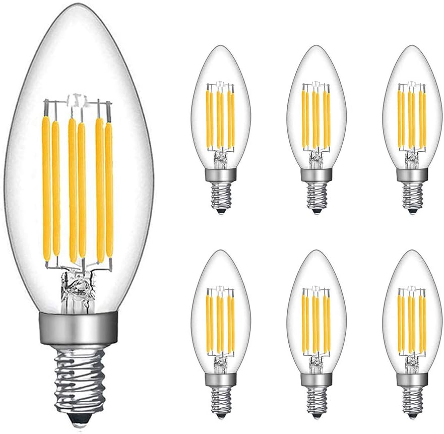 BATHEBRIGHT E12 Led Candelabra Bulb 60w Dimmable Chandelier Light Candelabra Led Bulbs 2700K Warm White 6W Filament Candle Lightbulbs 6 Pack