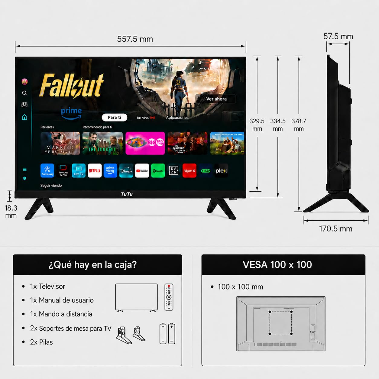 TuTu TU25Q1FQ-T8 Smart TV 25 Pulgadas (64 cm), QLED Full HD Televisor con Tizen OS, Wi-Fi, Bluetooth, App Store, Airplay, Sintonizador Digital, Prime Video, Netflix, Pluto TV y Más