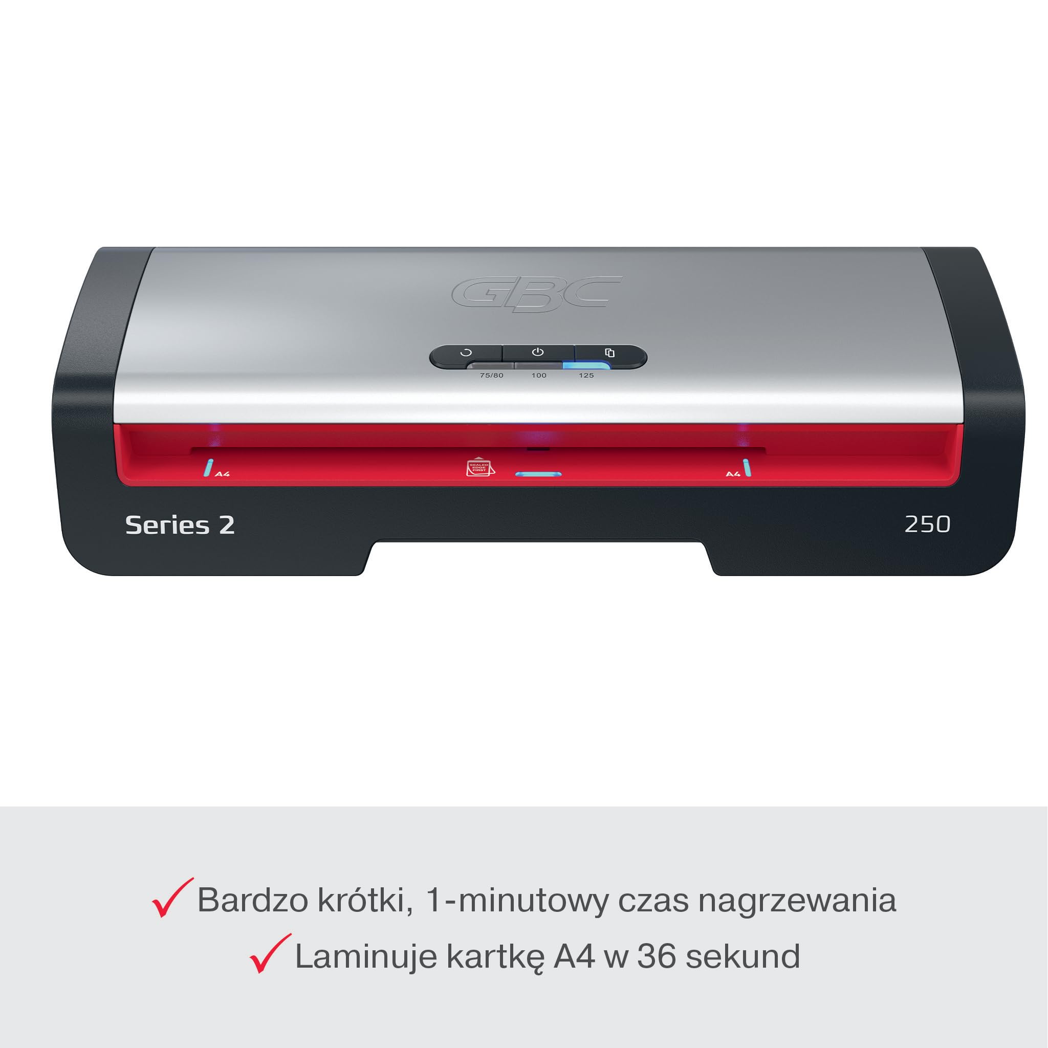 GBC 250 Office Laminator A4 – Nagrzewanie w 1 minutę, 75–125 mikronów, diody LED prowadzące, funkcja przeciw zacięciom, auto wyłączanie, zawiera 5x folii A4, czarno-czerwony, 4410070EU