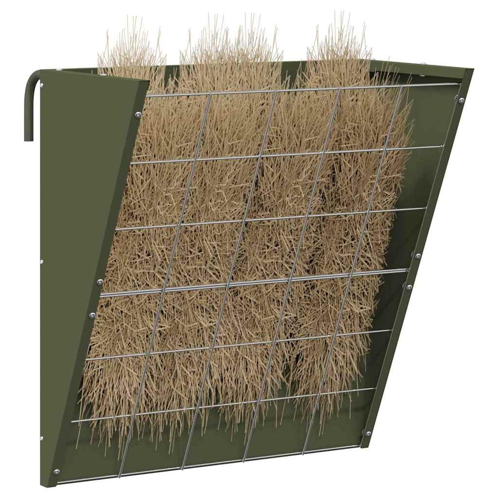 Comedero para heno colgante verde oliva de acero laminado en frío, 61 x 33 x 66 cm, capacidad de 5 kg, resistente a la intemperie, para interior y exterior, estable para animales pequeños