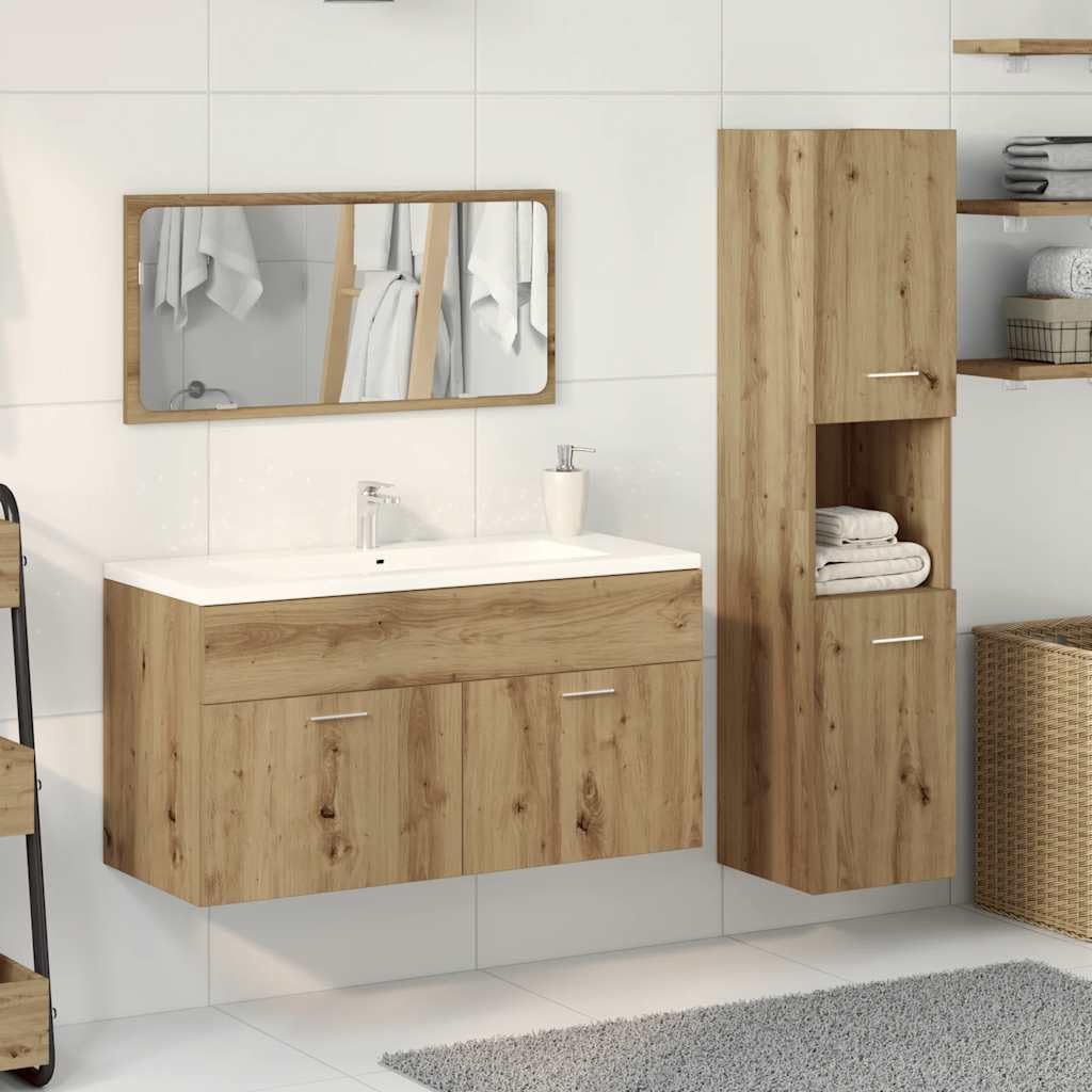 Juego de muebles de baño de 3 piezas, roble Artisan, 90 cm, armario bajo lavabo con espejo y armario alto, espacio de almacenamiento, moderno y resistente, para baños pequeños