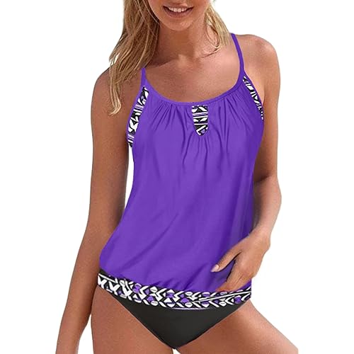 Sidefeel Women Blouson Striped Print Strappy T-Back Swimsuit Push up Tankini Set