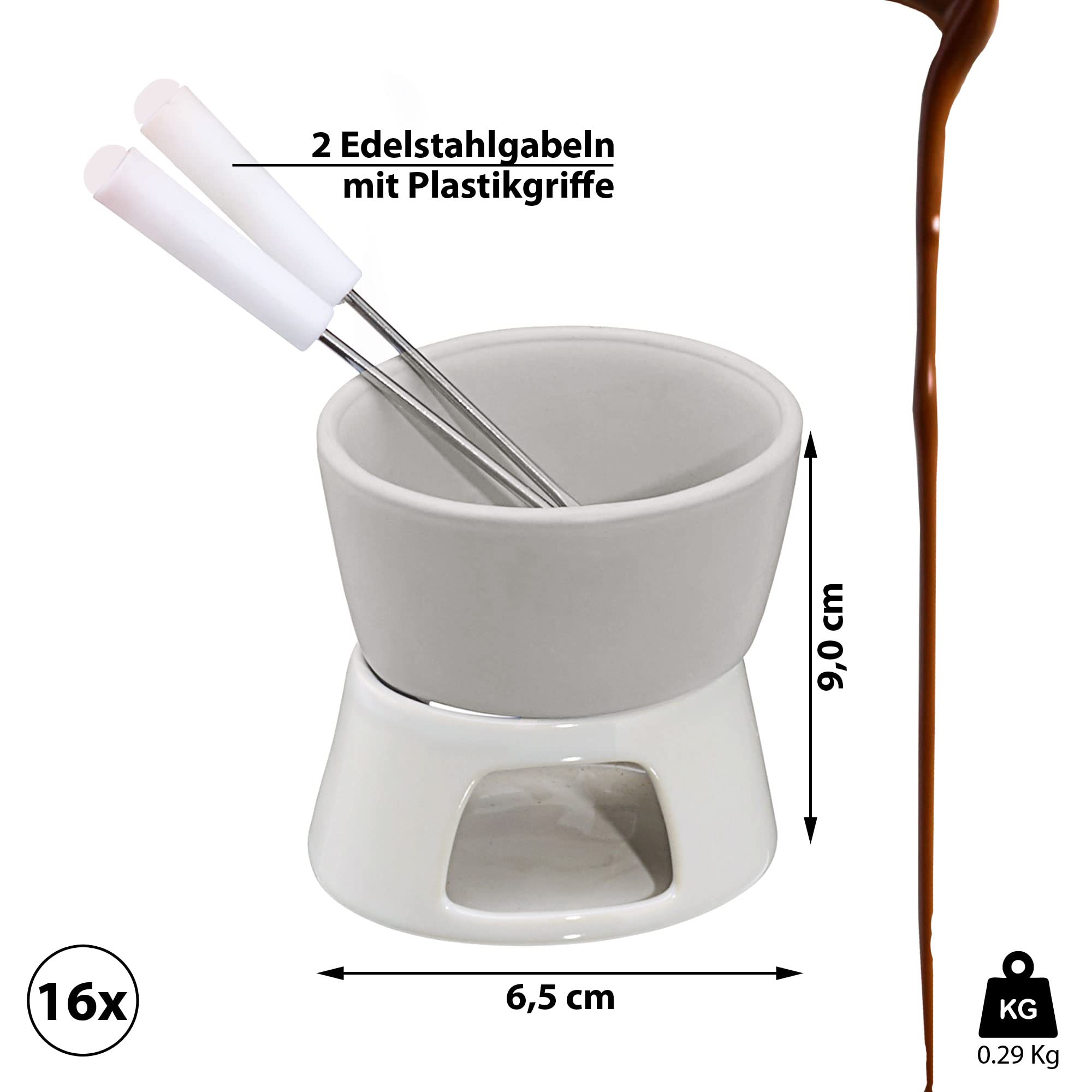 Set Fonduta Cioccolato Cepewa - Ceramica Bianca, Con 2 Forchette Acciaio, Per Dessert E Frutta