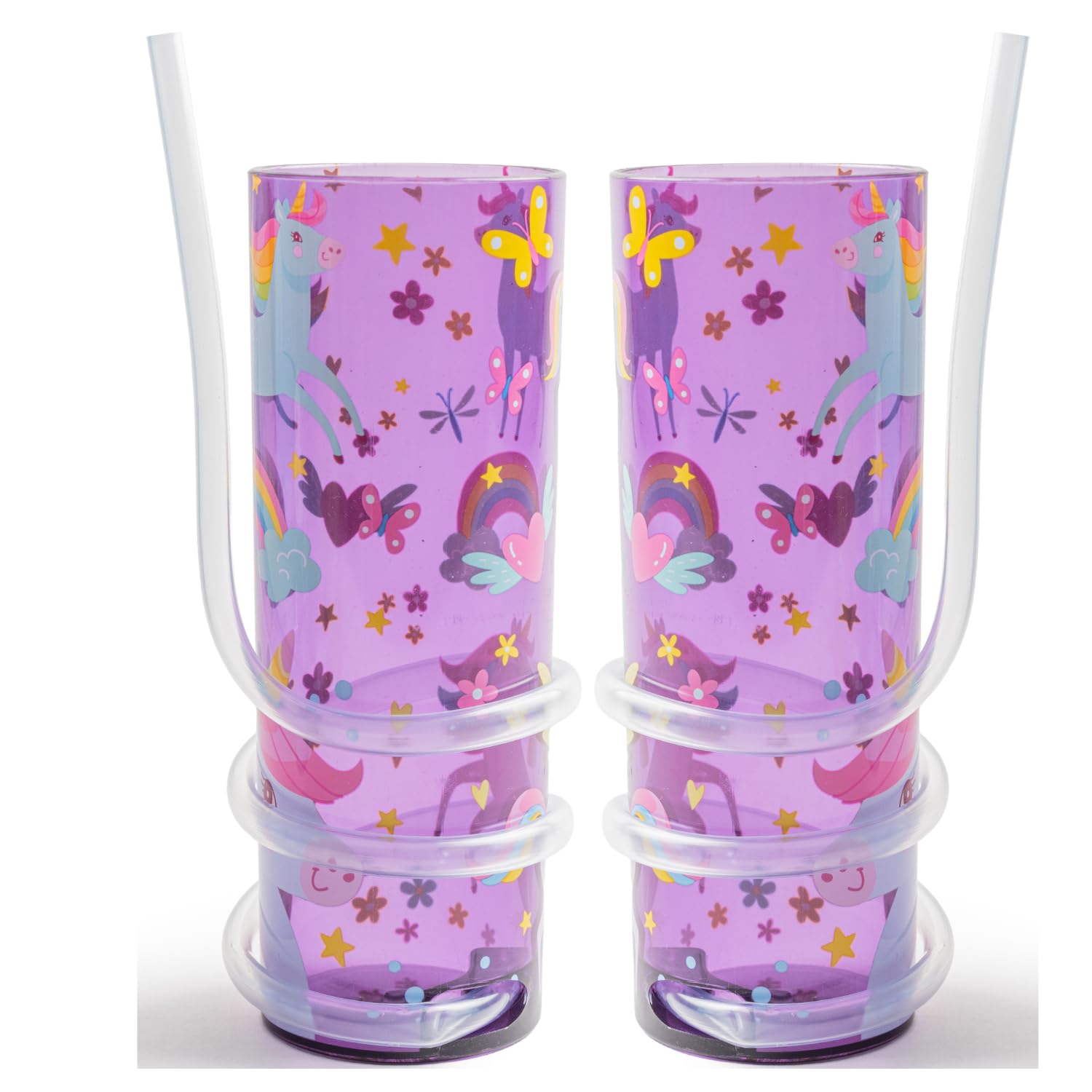 FabFinds Kids Drinks Cup with Curly Straw Reusable Drinks Cup 2 Pack (Purple Unicorn)