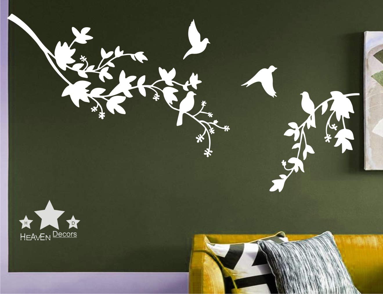 Heaven Decors PVC Vinyl Animal themed Tree with Flying Birds Sticker Wallpaper (Ideal Size on Wall 152 cm x 62 cm, White)
