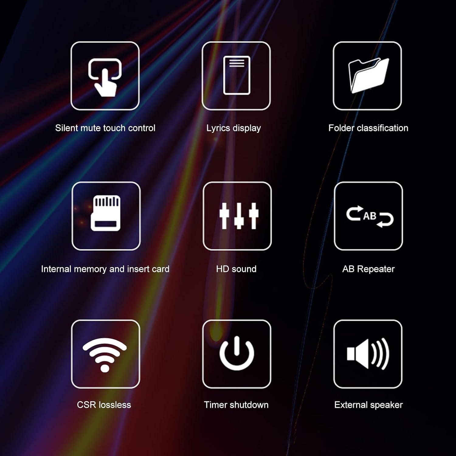 A grid of icons representing the various functions of the MP3 player, including silent touch control, lyrics display, folder classification, internal memory, HD sound, AB Repeater, CSR lossless, timer shutdown, and external speaker.