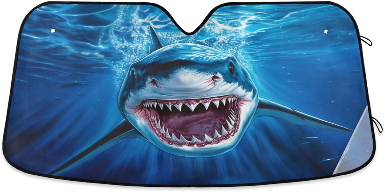 Shark Blue Water Windshield Sunshade for Car SUV Truck Front Window Sun Shade Visor Protector Blocks UV Rays Reflect Heat, 57" x 31.5"