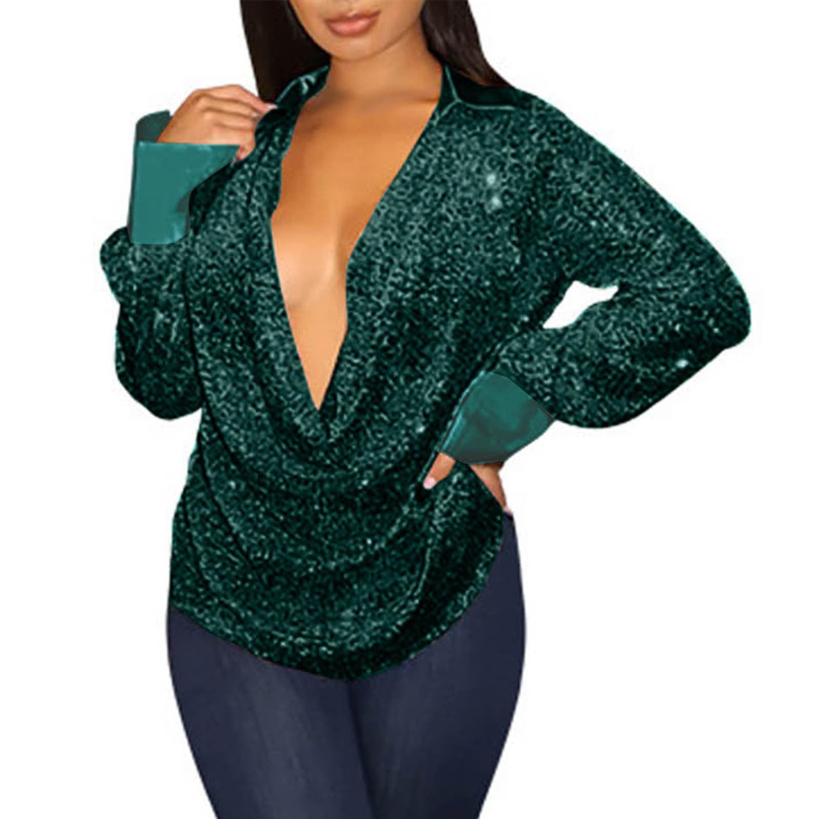 Haut Sequin Femme Chic Et Elegant Soiree T-Shirt Shiny Col V Sexy À Manches Maille Chemisier Élégant Hauts Blouse Paillettes 3/4 À Volants Tunique Pull Top