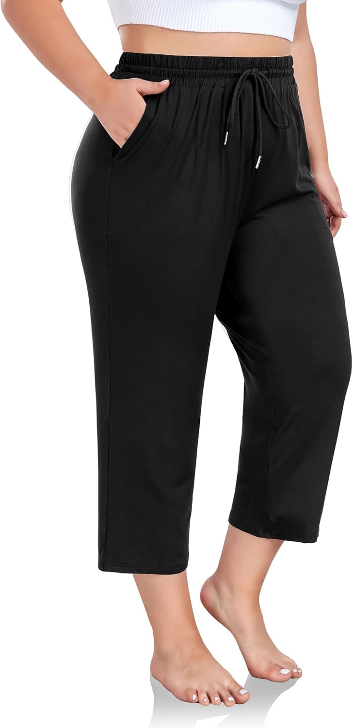 FOREYOND Plus Size Capri Pants for Women Loose Fit Yoga Pants Wide Leg Drawstring Sweat Pants Active Casual with Pockets