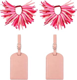Luggage Pom Poms Set 2PK - Bright ID Tags for Suitcase Travel | 2 pom poms + 2 tags, bright rose red/pink, hook & loop, suitcase/backpack/gym