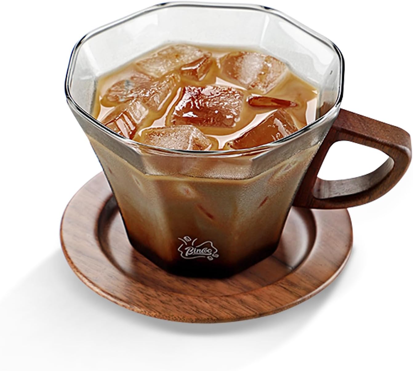 Bincoo Glass Mug with Wooden Handle and and Saucer Set-280ML Glass Coffee Cup Heat Resistant Lightweight Tea Mugs Ideal for Home, Cafe, Coffee Bar(Grey)