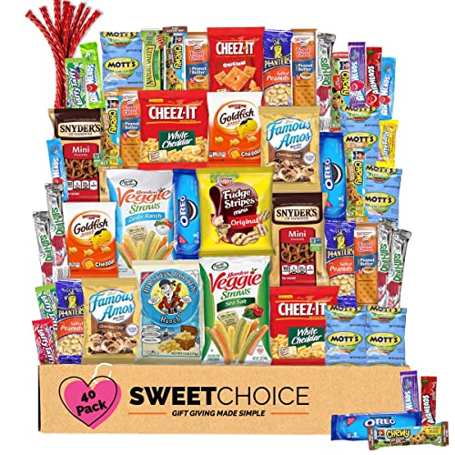 Snack Box Variety Pack (40 Count) Candy Gift Basket - College Student Care Package, Prime Food Arrangement Chips, Cookies, Bar s - Easter, Birthday Treat for Women, Men, Adults, Teens, Kids