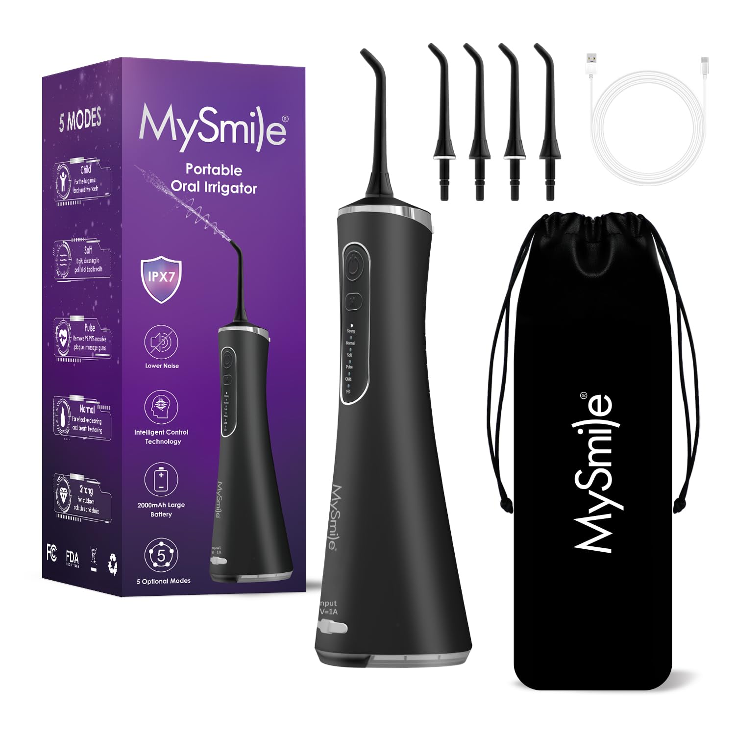 MySmile Water Dental Flosser for Teeth Cordless Oral Irrigator 5 Cleaning Modes 4 Replaceable Jet Tips IPX 7 Waterproof USB Rechargeable Water Dental Picks for Teeth Cleaning with PU Bag Black