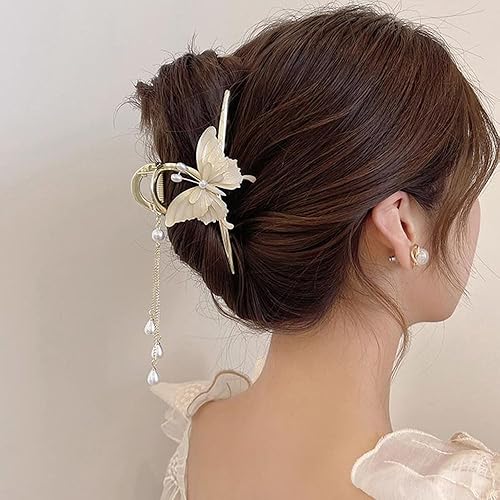 Miniatura 3 de Yongilan Clip de mariposa, 1 pieza de clip de garra de metal de mariposa, horquilla antideslizante de moda, horquilla de mariposa con borla,