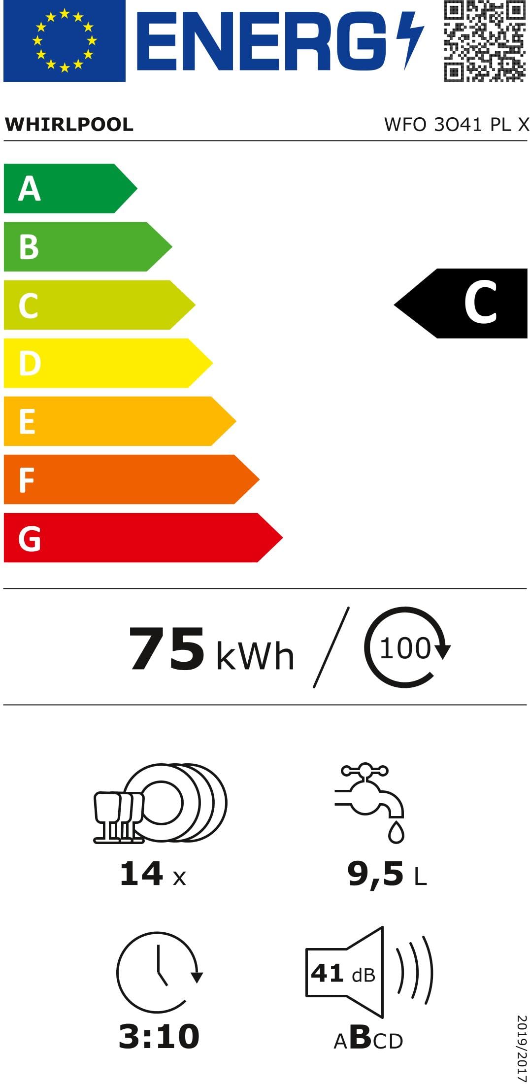 Whirlpool WFO 3O41 PL X - Lavastoviglie Libera Installazione Per 14 Coperti. Lavastoviglie Con Tecnologia Sesto Senso Larghezza 60,0cm, Profondità 59,0cm, Altezza 85,0cm, Classe Energetica C