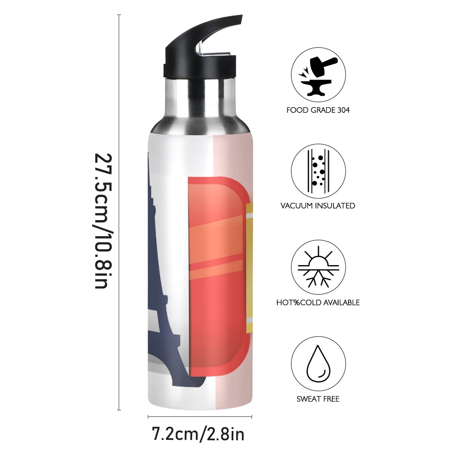 Vnurnrn Paris Eiffelturm Trinkflasche 600 Ml – Edelstahl, Vakuumisoliert, BPA-frei, Mit Strohhalm