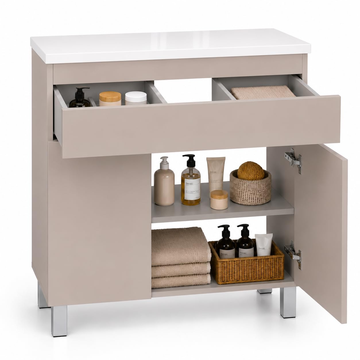 Mueble de baño Ariza Top, suspendido, 80 cm de Ancho, sin Lavabo, con cajón, para lavabos de sobre encimera - Cachemira Mate